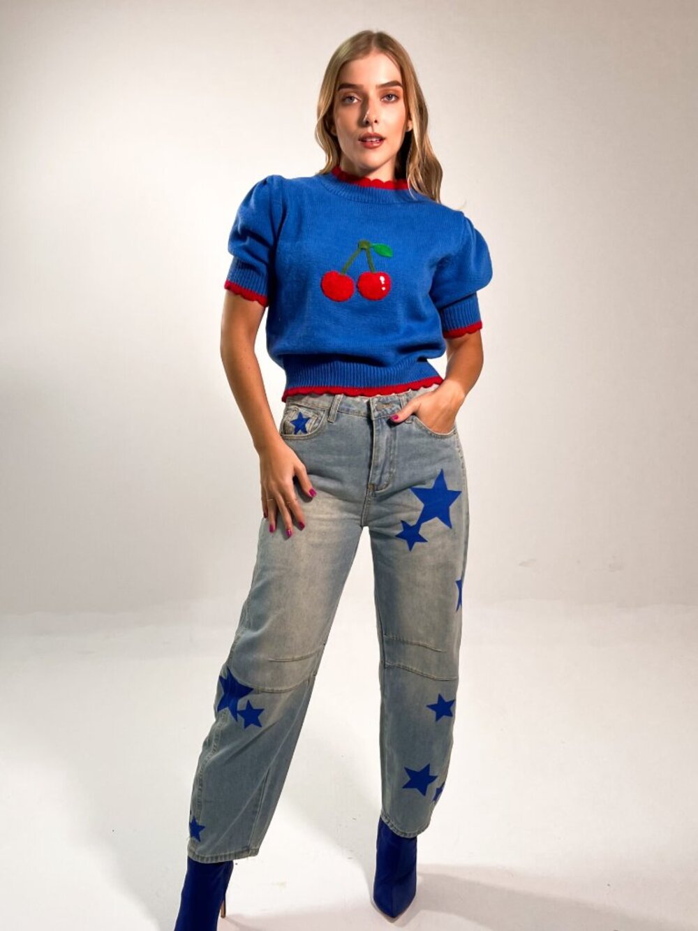 Blue Cherry Mock Neck Cropped Sweater